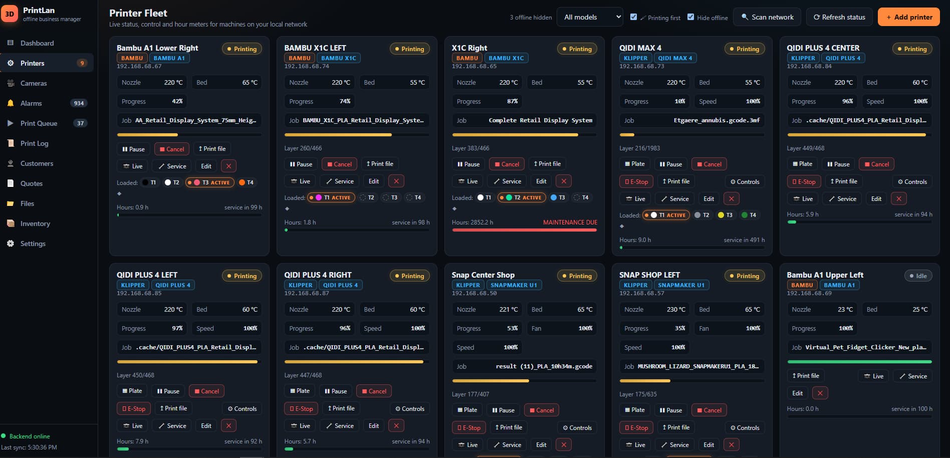 PrintLan's fleet wall: ten printers — Bambu A1 and X1, Qidi Max 4 and Plus 4, Snapmaker U1 — each showing live nozzle and bed temperatures, progress, layer counts, pause and cancel controls, loaded filament colors with the active toolhead marked, and service-hour meters.