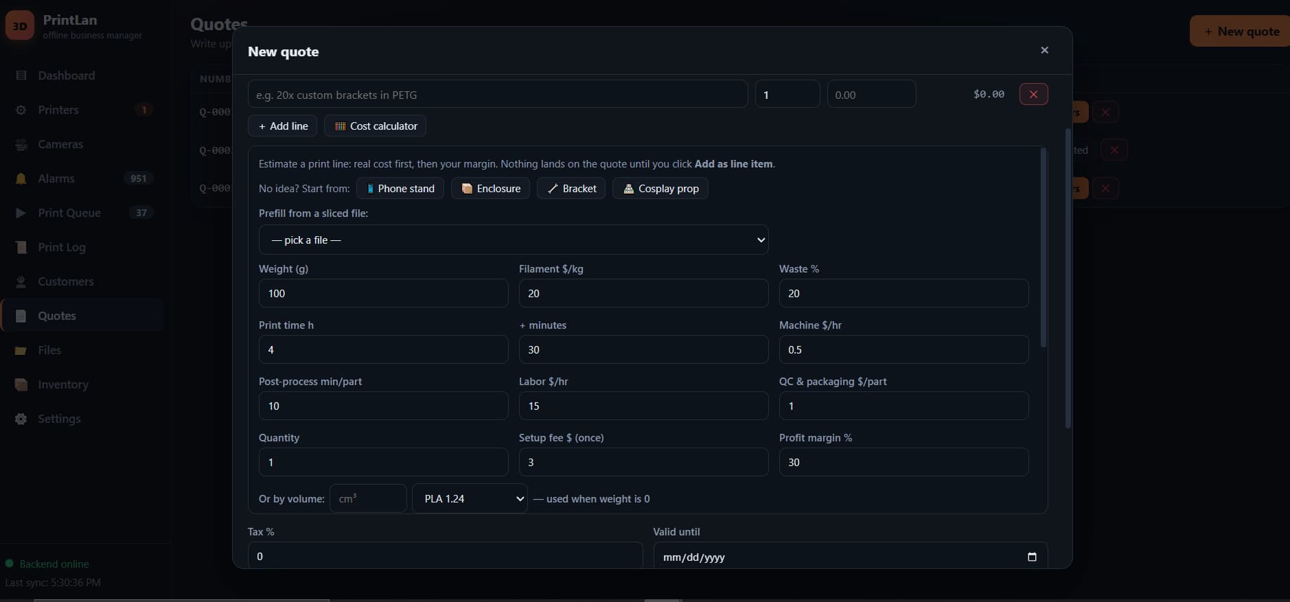 PrintLan's new-quote dialog with its built-in cost calculator: line items with quantities, one-click prefills for common parts like phone stands and enclosures, material weight and filament price per kilogram, print time and machine rate, post-processing minutes, labor, waste percentage, setup fee, profit margin and tax.