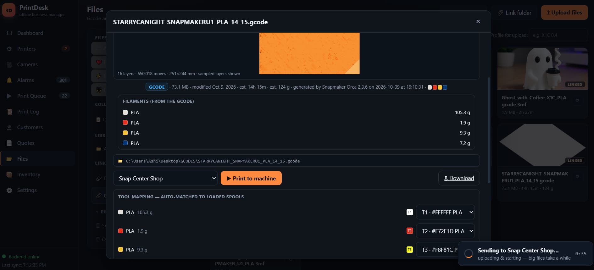 PrintLan's send dialog analyzing a G-code file: file stats, the four PLA filaments with their gram weights, a machine picker, and tool mapping auto-matched to the printer's loaded spools before printing starts.